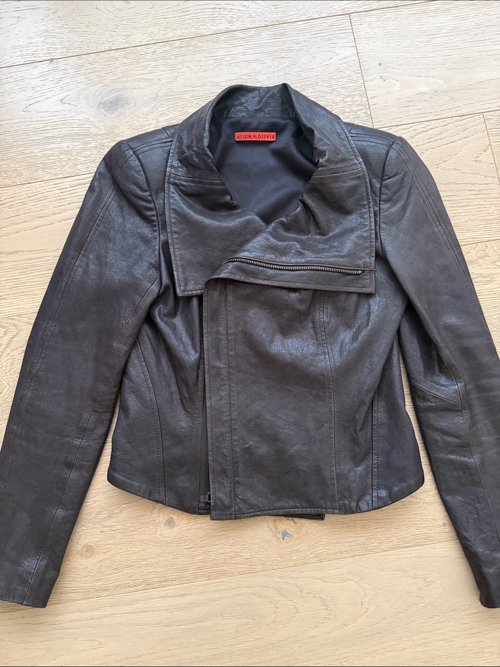 Alice + Olivia Dark Brown Leather Asymmetrical Zip Jacket